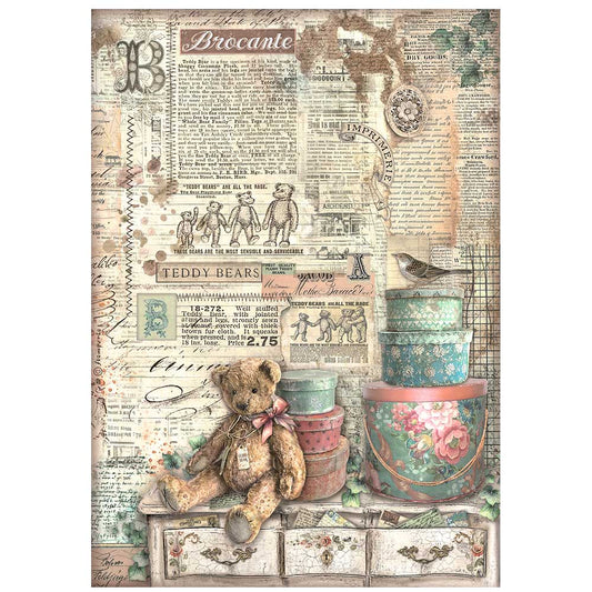 Stamperia  - Rice Paper -  21cm x 29.7cm - A4 -   Brocante Antiques Teddy Bear