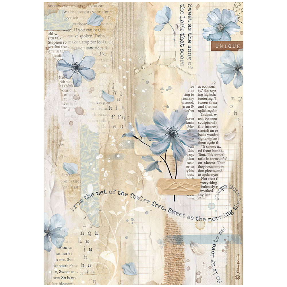 Stamperia  - Rice Paper -  21cm x 29.7cm - A4 - Secret Diary - Blue Flower