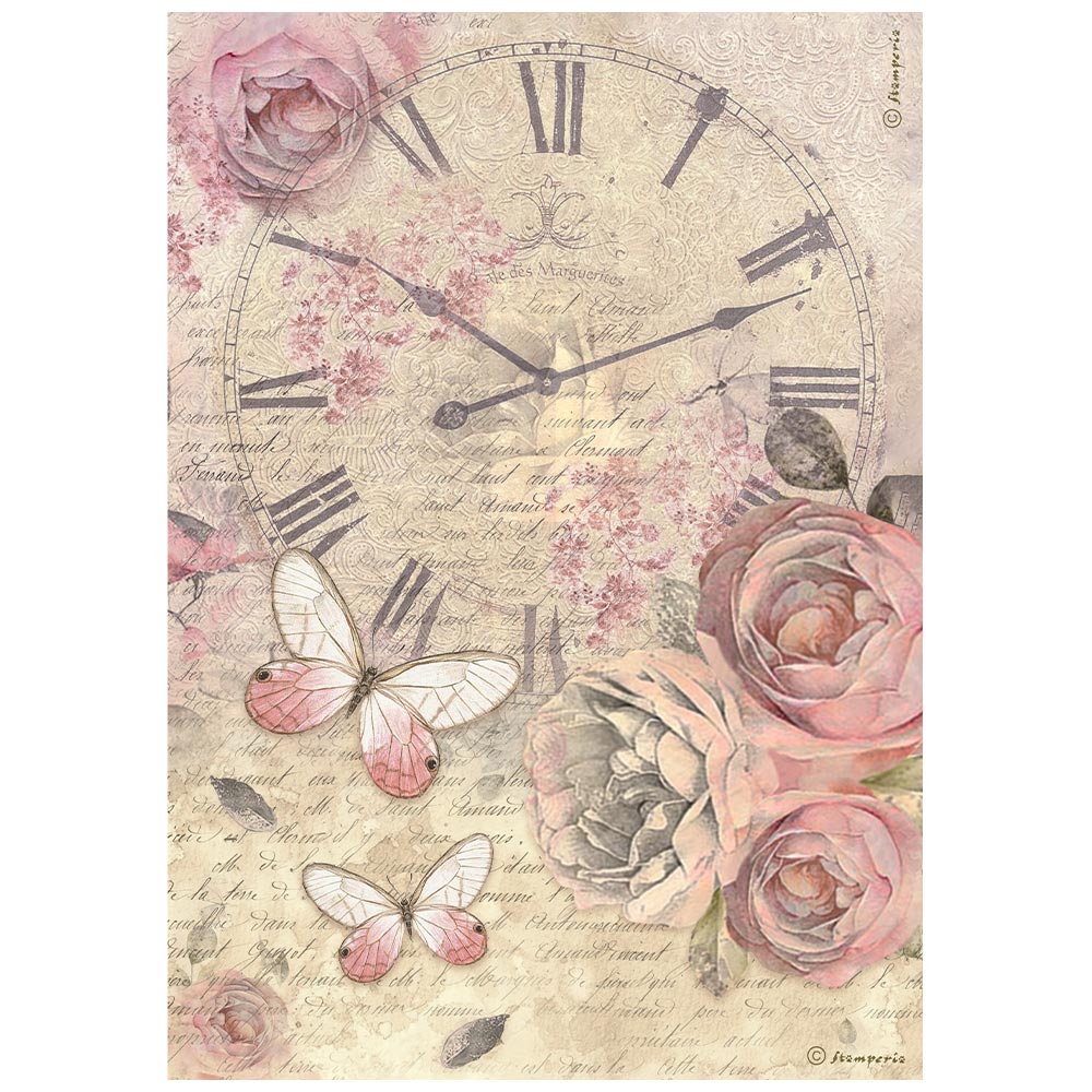 Stamperia  - A4 Rice Paper - shabby rose clock