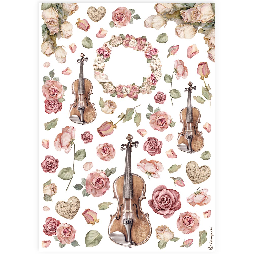 Stamperia   - Rice Paper - Violins and roses