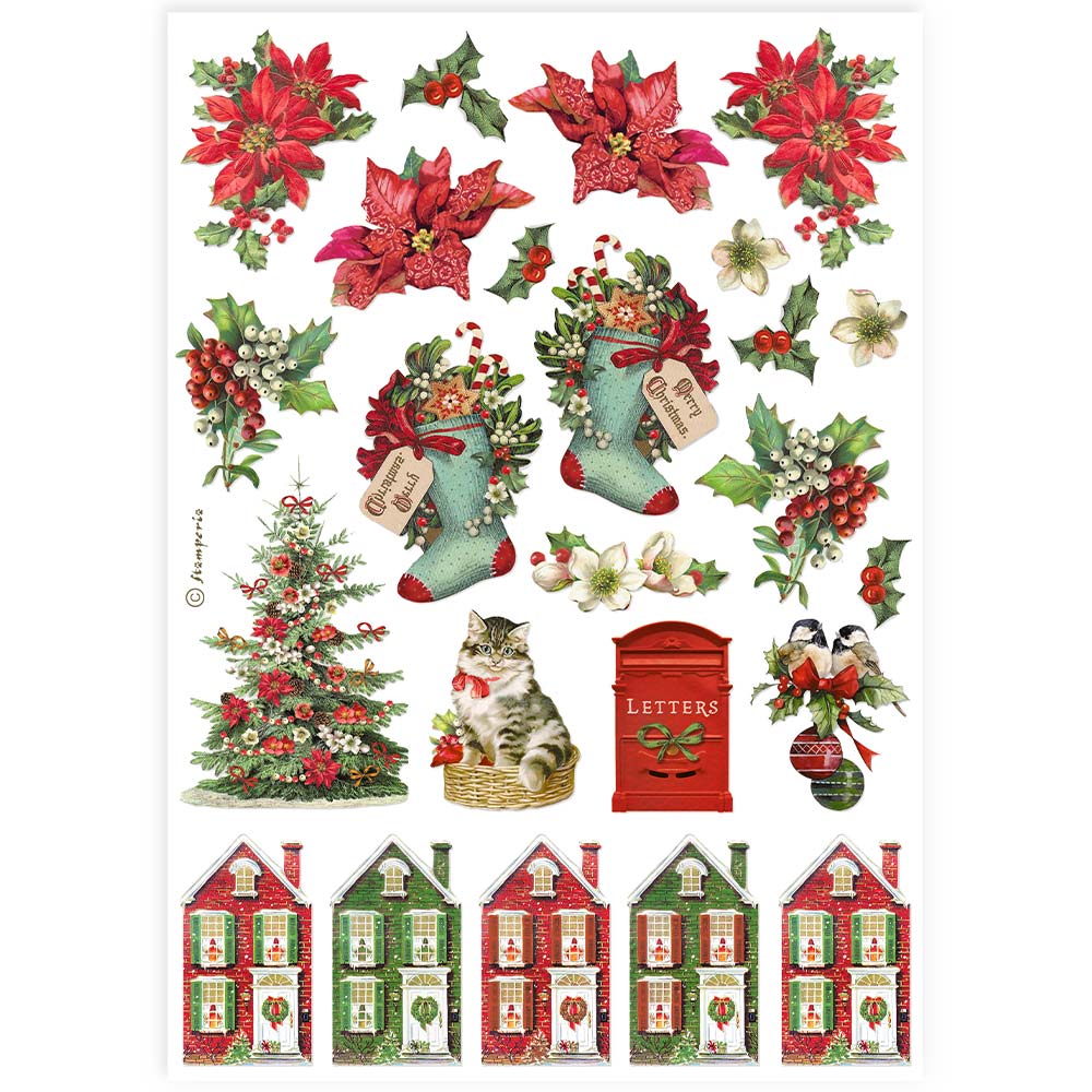 Stamperia   - Rice Paper - Classic Christmas socks and houses