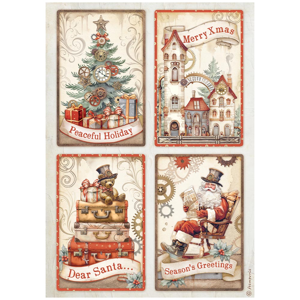 Stamperia   - Rice Paper - Gear up for Christmas 4 cards