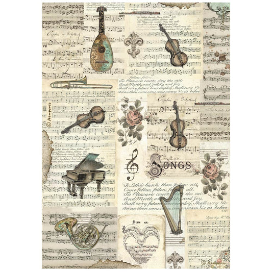 Pre Order - Stamperia   - A4 Rice Paper - Music Instruments