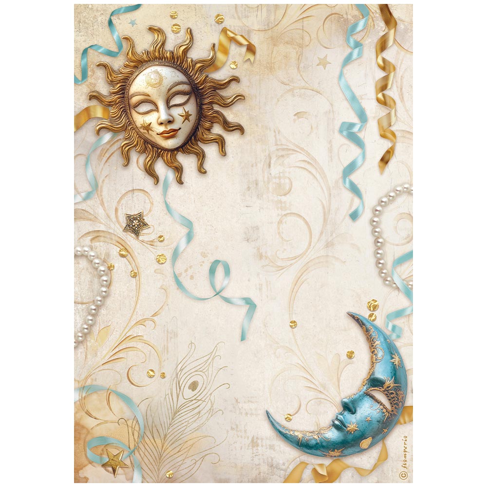 Pre Order - Stamperia   - A4 Rice Paper - Masquerade sun and moon