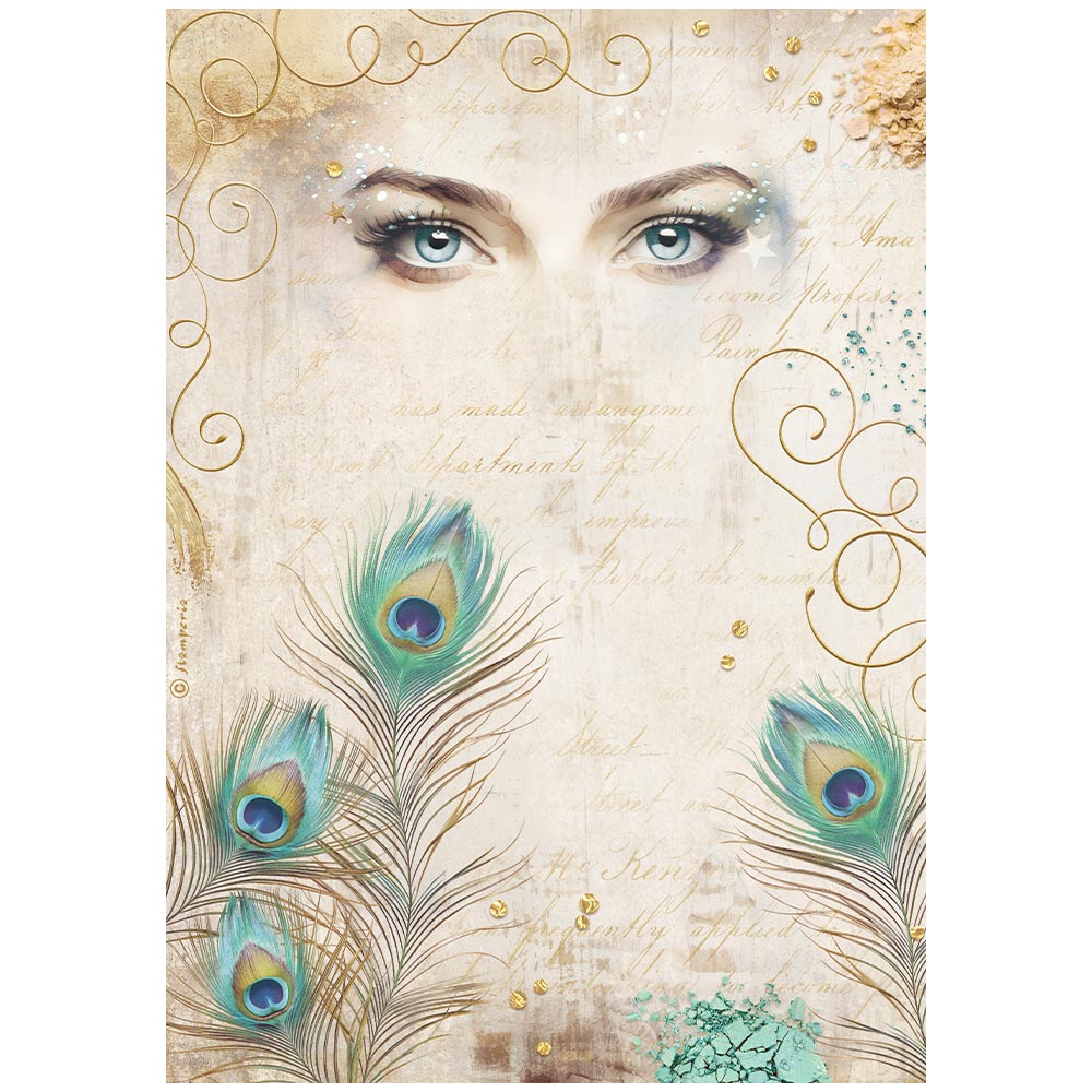 Pre Order - Stamperia   - A4 Rice Paper - Masquerade eyes and feathers