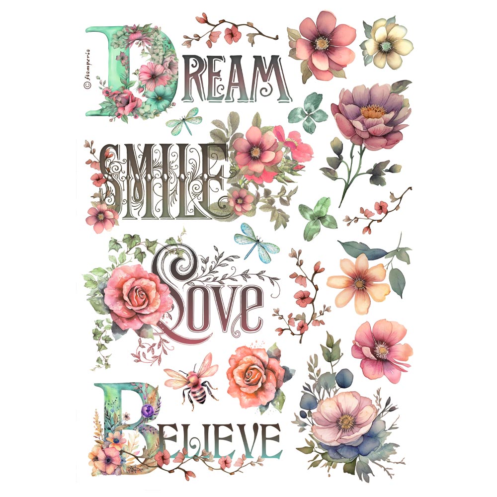 Pre Order Stamperia   - Rice Paper - Dream,smile,love,believe