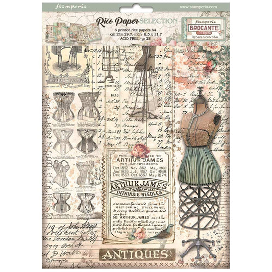 Stamperia  - Pack of 6 Rice papers -  21cm x 29.7cm - A4 -  Brocante Antiques