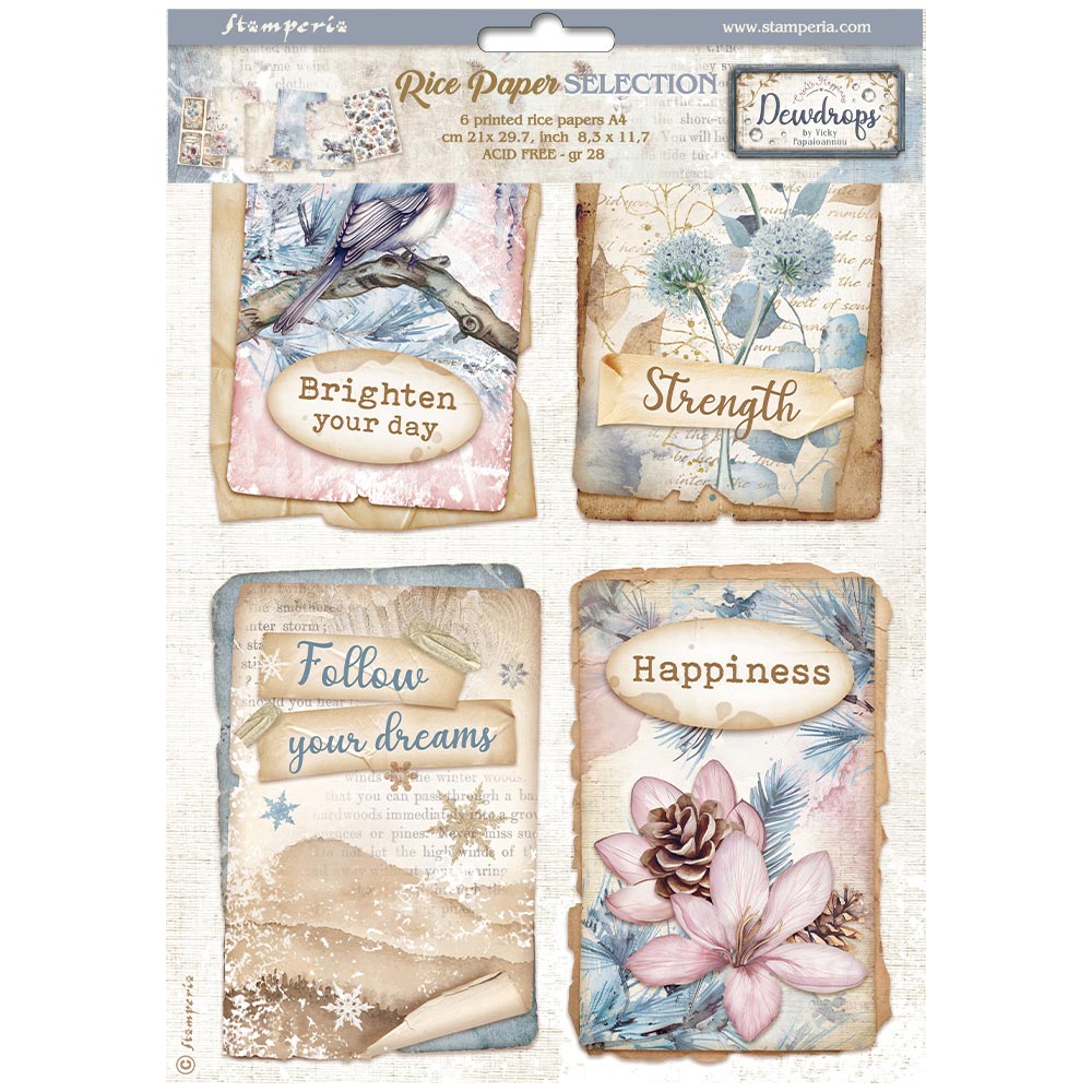 Pre Order - Stamperia  - Pack of 6 Rice papers -  21cm x 29.7cm - A4 - Create Happiness Dewdrops