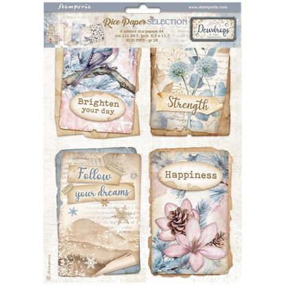 Pre Order - Stamperia  - Pack of 6 Rice papers -  21cm x 29.7cm - A4 - Create Happiness Dewdrops