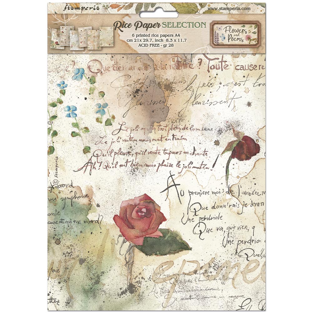 Stamperia  - Pack of 6 Rice papers - 21cm x 29.7cm - A4 - Flowers and poems