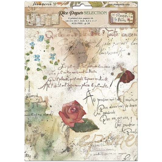 Stamperia  - Pack of 6 Rice papers - 21cm x 29.7cm - A4 - Flowers and poems