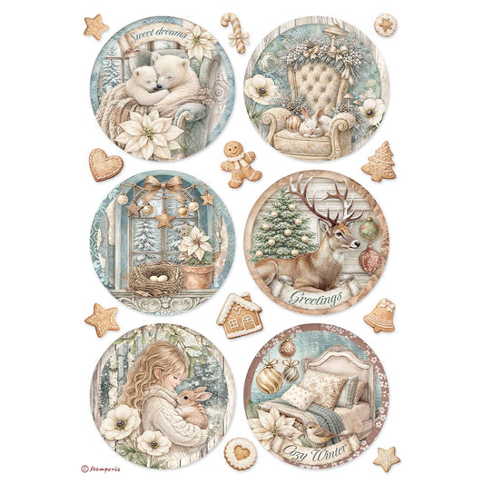 Stamperia  - Rice Paper - 21cm x 29.7cm - A4 - White Christmas 6 rounds