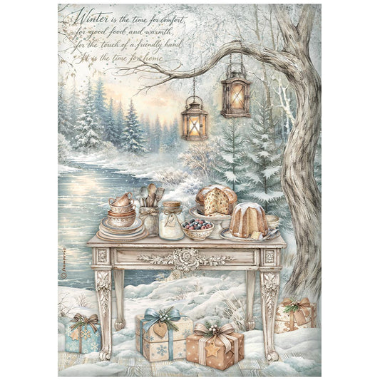 Stamperia  - Rice Paper - 21cm x 29.7cm - A4 - White Christmas festive table by the lake