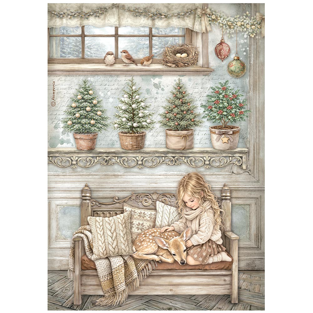 Stamperia  - Rice Paper - 21cm x 29.7cm - A4 - White Christmas little girl and a fawn