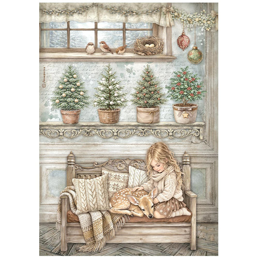 Stamperia  - Rice Paper - 21cm x 29.7cm - A4 - White Christmas little girl and a fawn