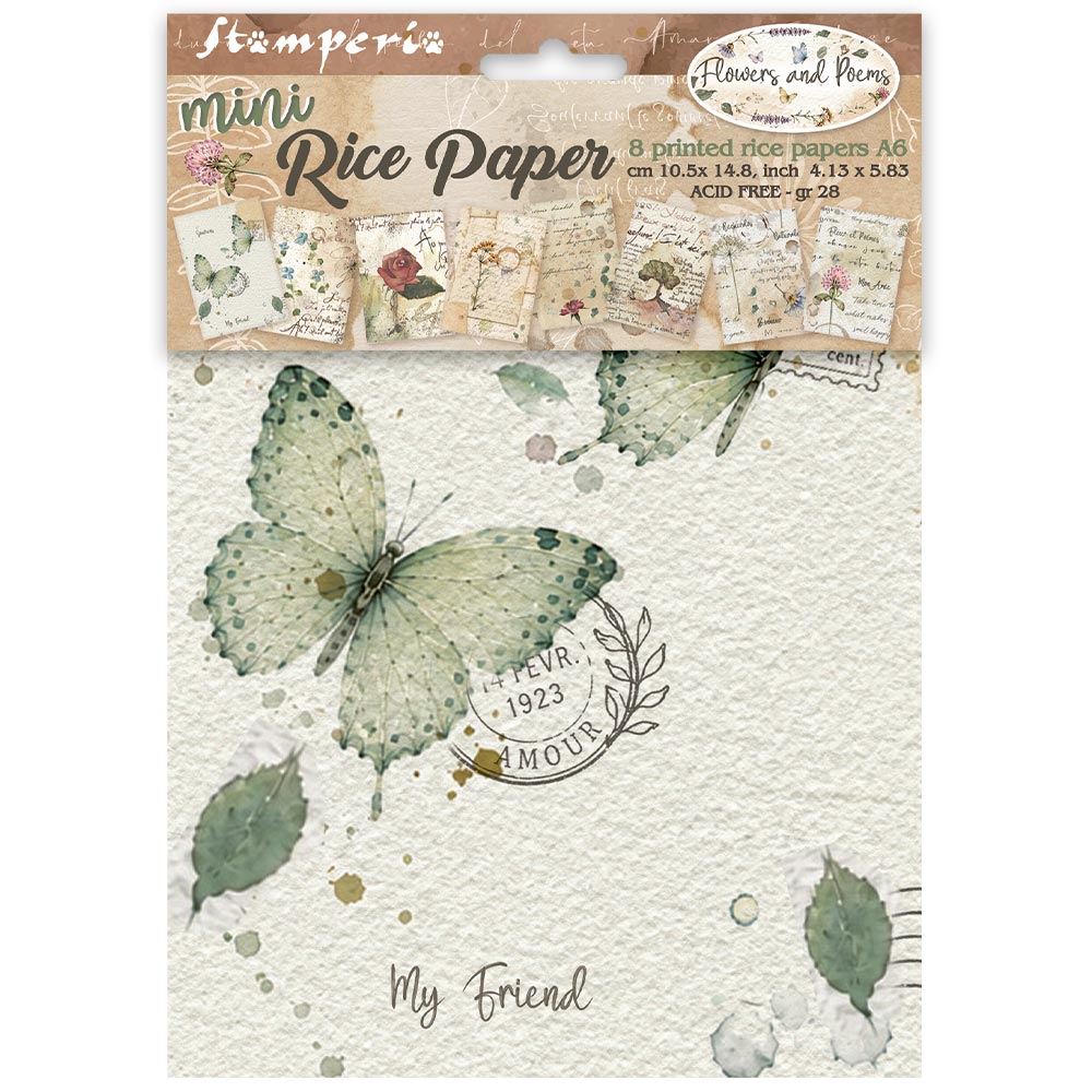 Stamperia  - Pack of 8 Mini Rice papers - A6 - Flowers and Poems