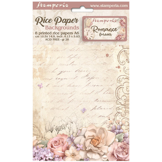 Stamperia  - Pack of 8 Rice papers -  4.14cm x 5.83 cm - A6 -  Romance Forever