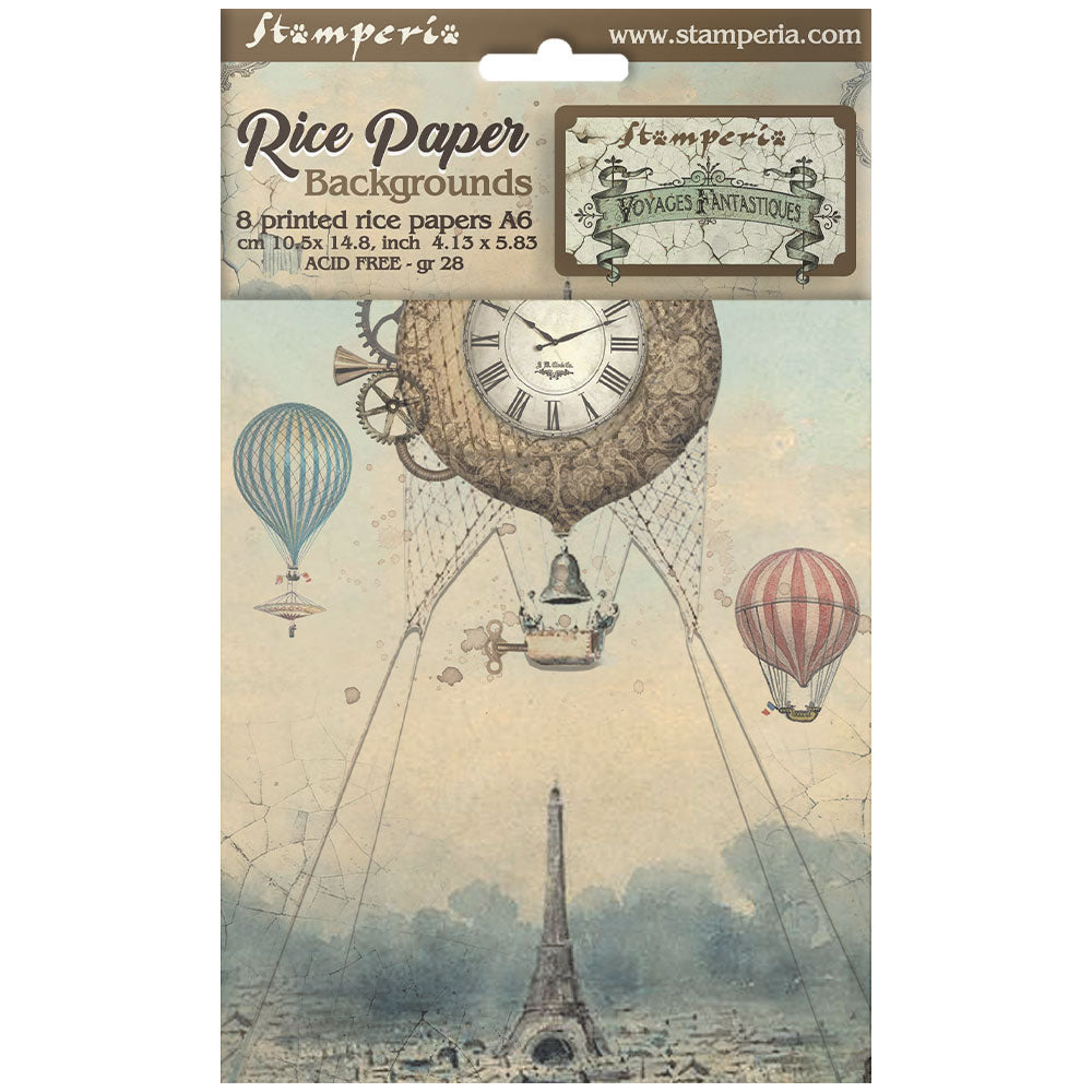 Stamperia  - Pack of 8 Rice papers -  4.14cm x 5.83 cm - A6 Backgrounds - Voyages Fantastiques