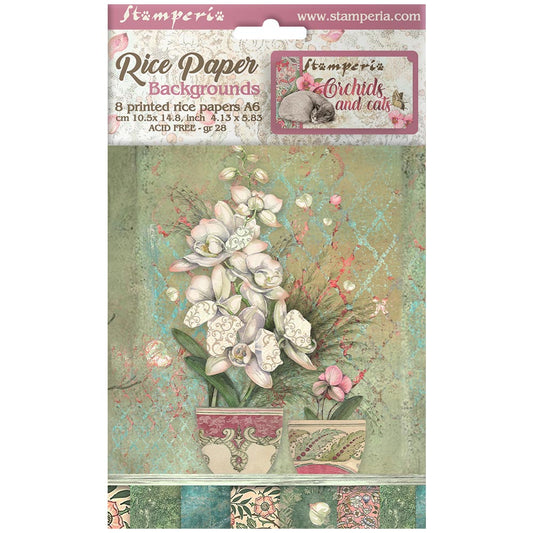 Stamperia  - Pack of 8 Rice papers -  4.14cm x 5.83 cm - A6 Backgrounds - Orchids and Cats