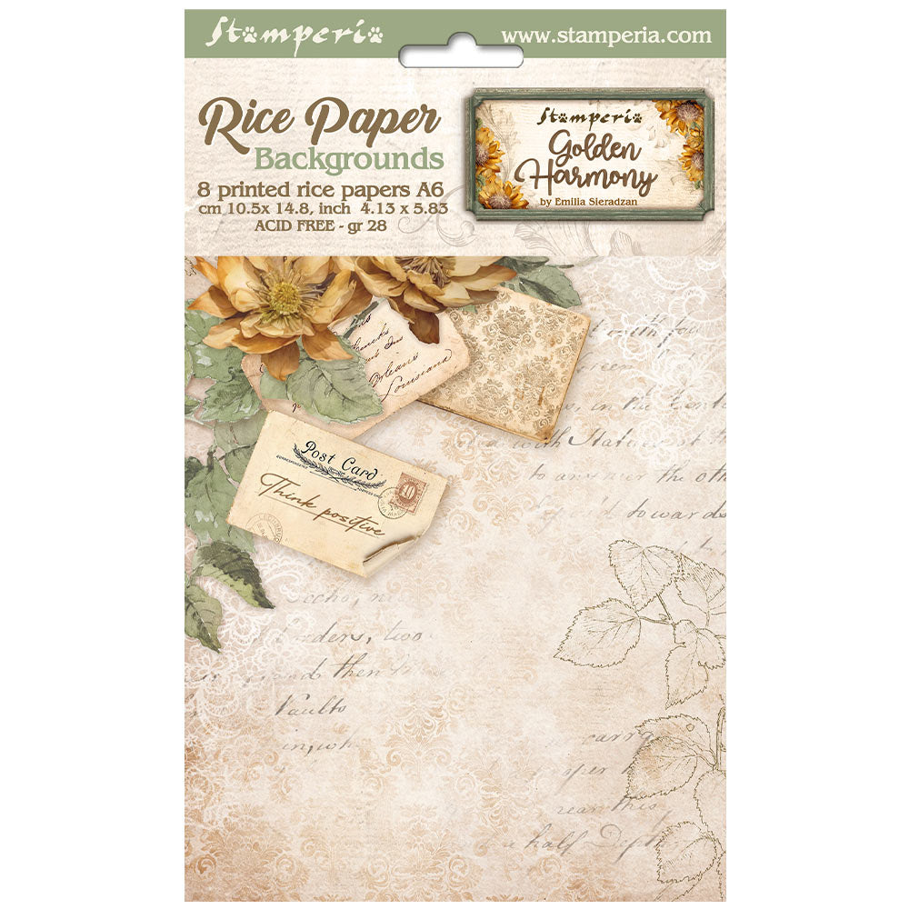 Stamperia  - Pack of 8 Rice papers - 10.5cm x 14.8cm - A6 - Golden Harmony