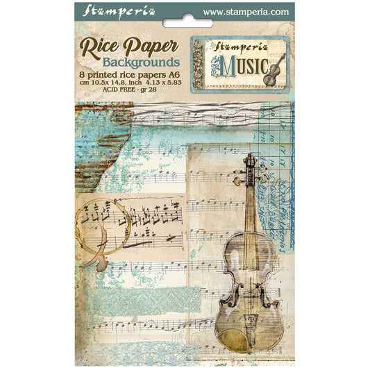 Pre Order - Stamperia  - Pack of 8 Rice papers -  10.5cm x 14.8cm - A6 - Music