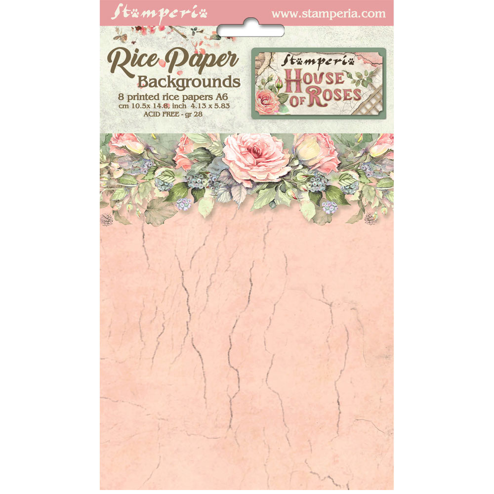 Stamperia  - Pack of 8 Rice papers -  4.14cm x 5.83 cm - Backgrounds A6 - House of roses