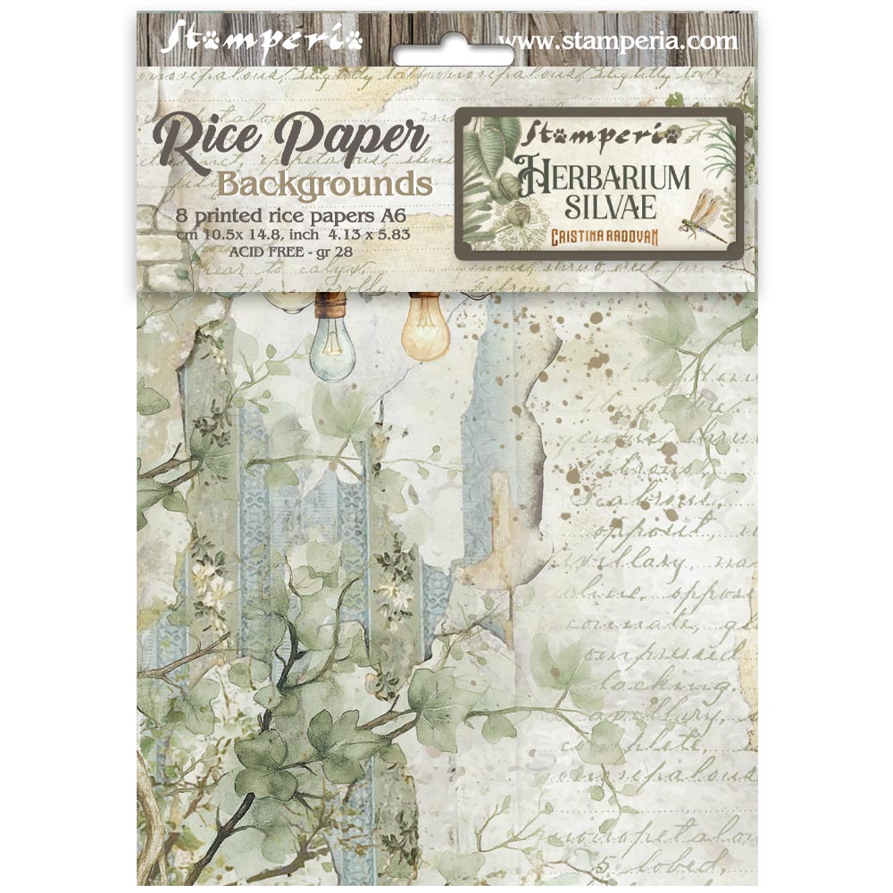 Stamperia  - Pack of 8 Rice papers - A6 Backgrounds - Herbarium Silvae