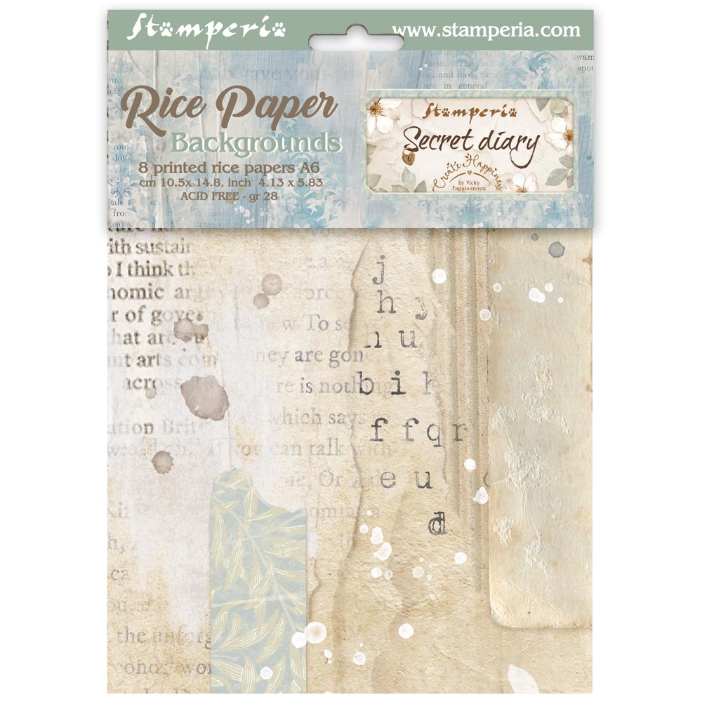 Stamperia  - Pack of 8 Rice papers -  4.14cm x 5.83 cm - Backgrounds A6 - Secret Diary