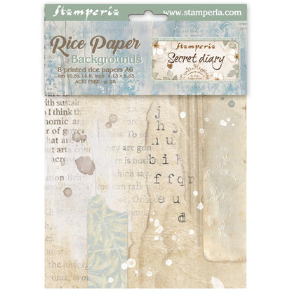Stamperia  - Pack of 8 Rice papers -  4.14cm x 5.83 cm - Backgrounds A6 - Secret Diary