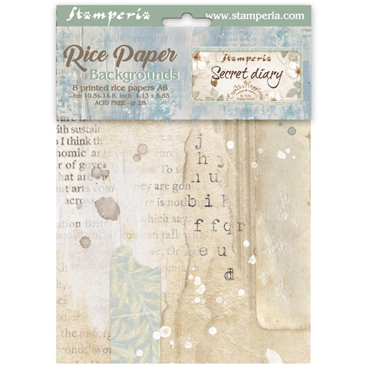 Stamperia  - Pack of 8 Rice papers -  4.14cm x 5.83 cm - Backgrounds A6 - Secret Diary