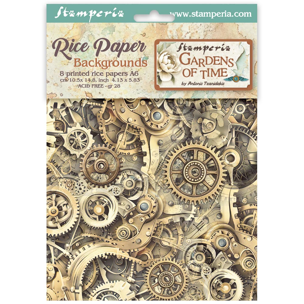 Stamperia  - Pack of 8 Rice papers -  4.14cm x 5.83 cm - Backgrounds A6 - Garden of Time