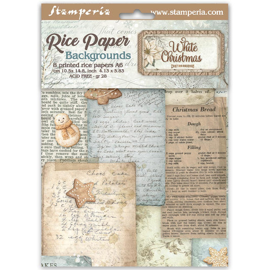 Stamperia  - Pack of 8 Rice papers - 4.14cm x 5.83 cm - Backgrounds A6 White Christmas