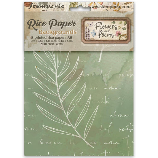 Stamperia  - Pack of 8 Rice papers - 4.14cm x 5.83 cm - Backgrounds A6 Flowers and Poems