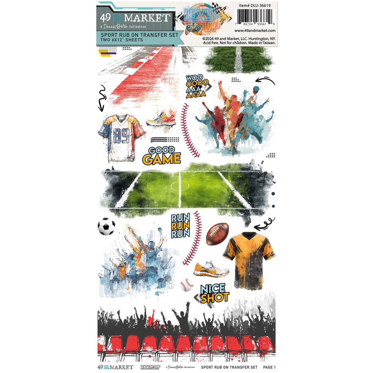 49 and Market - Rub On Transfer set  - 2 Sheets 6x12' Sports - Level Up