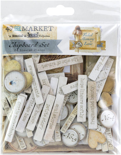 49 and Market - Chipboard Bits 84 Pieces - Faded Memory Lane