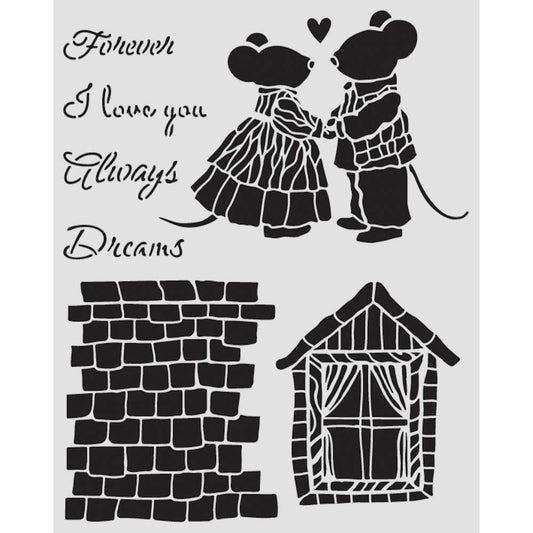 Stamperia - Mix Media Stencil - 20 X 25 Family house and mice