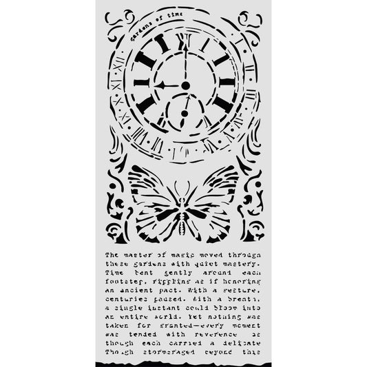 Stamperia- Thick Stencil 12 X 25cm- Garden of Time - clock and butterfly