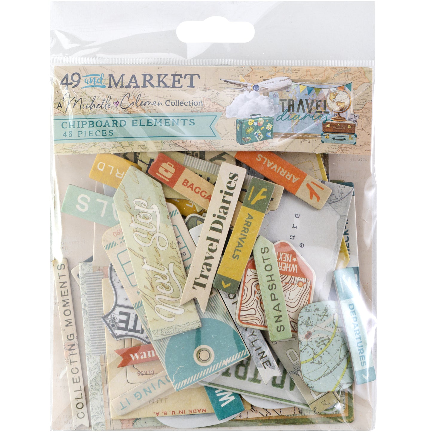 49 and Market - Chipboard Bits 48 Pieces - Travel Diaries