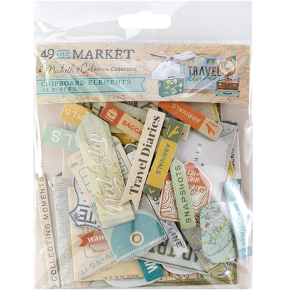 49 and Market - Chipboard Bits 48 Pieces - Travel Diaries