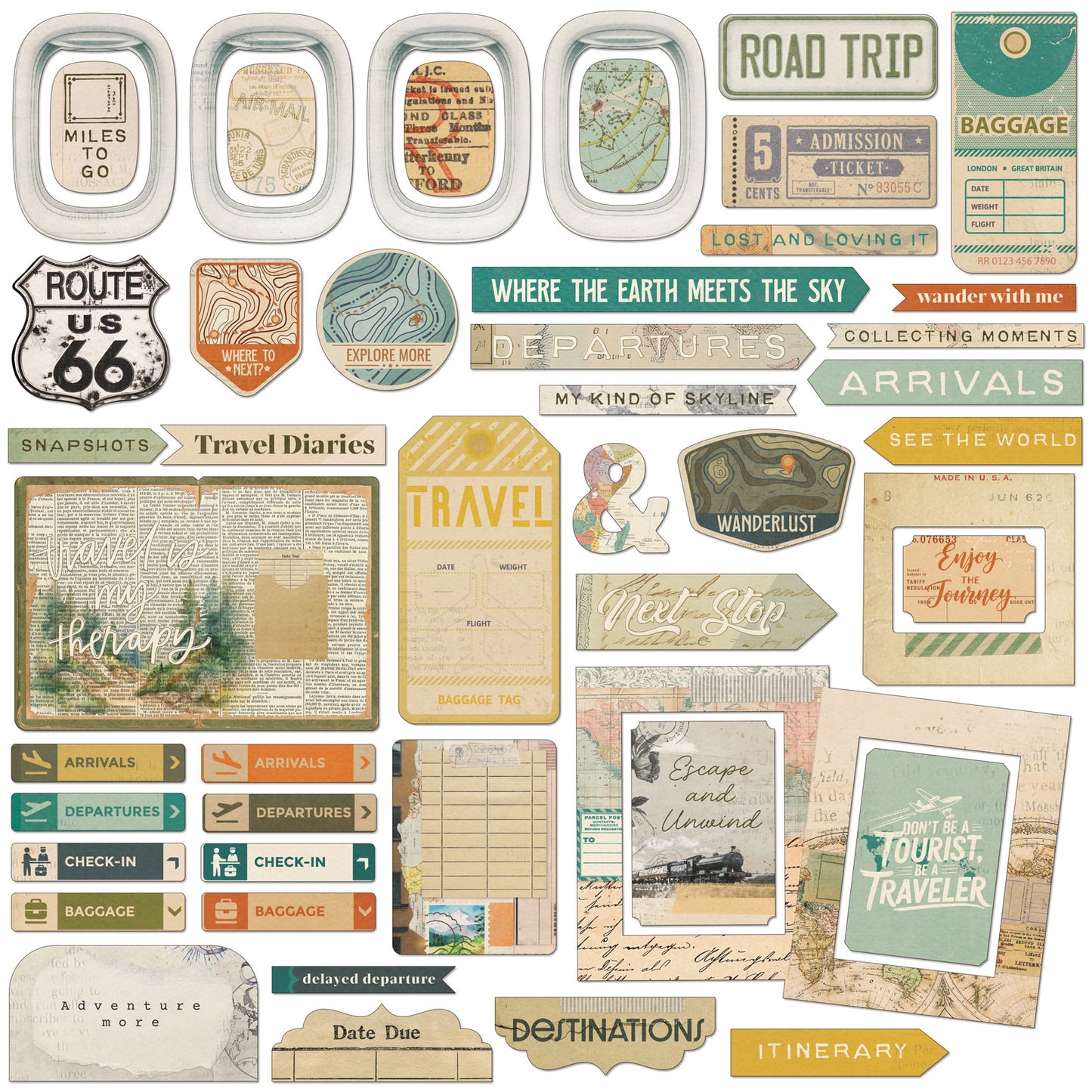 49 and Market - Chipboard Bits 48 Pieces - Travel Diaries