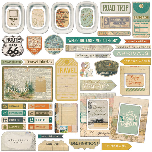 49 and Market - Chipboard Bits 48 Pieces - Travel Diaries