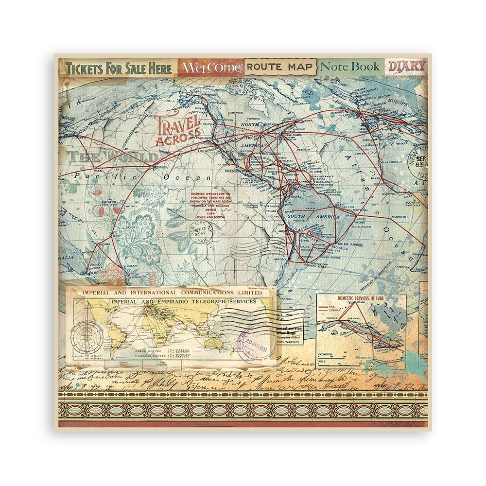 Stamperia -  (12”X12”) Single Face 22 sheets  Art of travelling