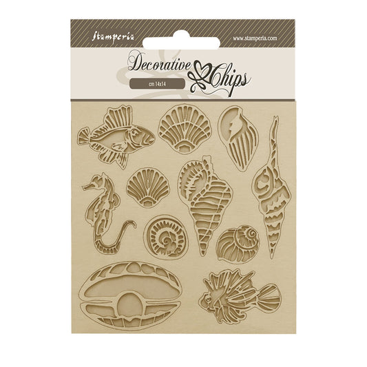Stamperia - Decorative Chips -  14 X 14 cm - Songs of the Sea- shells and fish