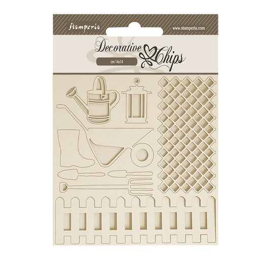 Stamperia - Decorative Chips -  14 X 14 cm - Garden Tools