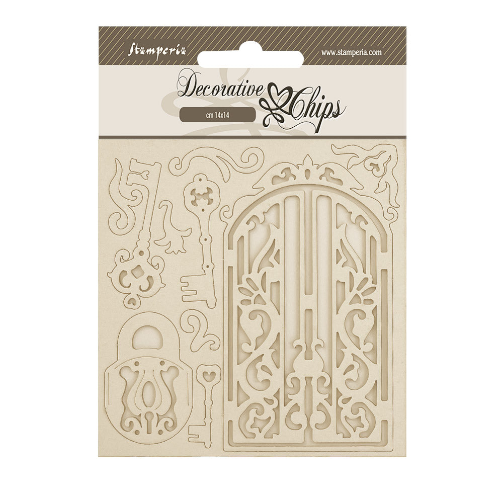 Pre Order Stamperia - Decorative Chips -  14 X 14 cm - Old Lace gate and key