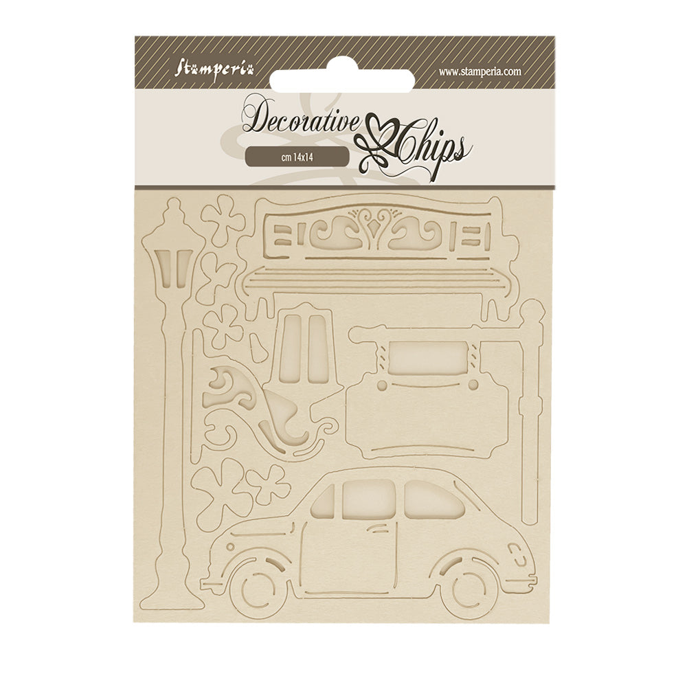 Stamperia - Decorative Chips -  14 X 14 cm - Art of travelling car