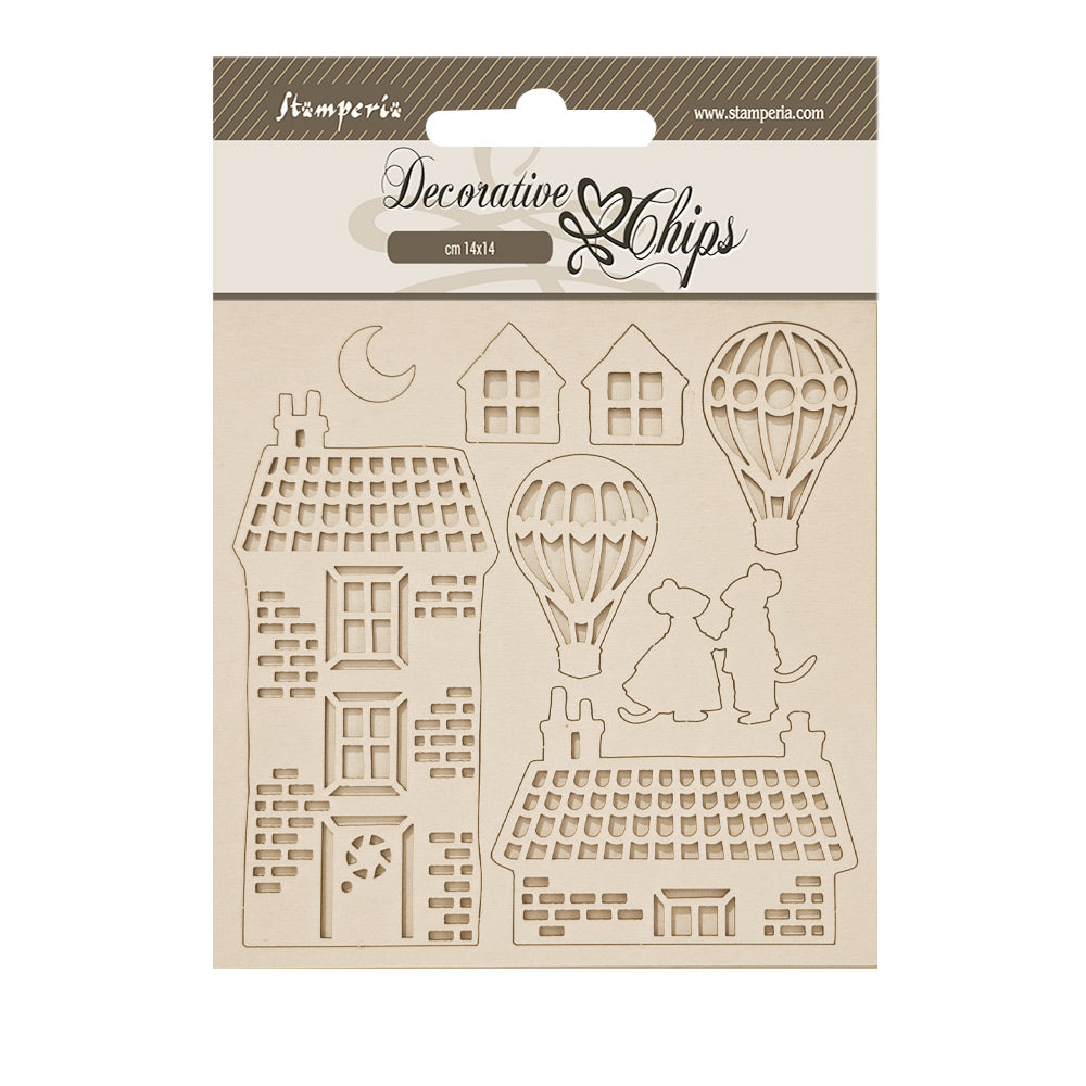 Stamperia - Decorative Chips -  14 X 14 cm - Family house and balloons