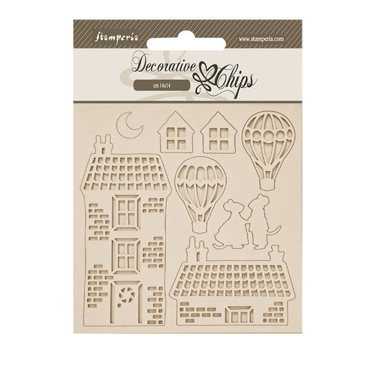 Stamperia - Decorative Chips -  14 X 14 cm - Family house and balloons