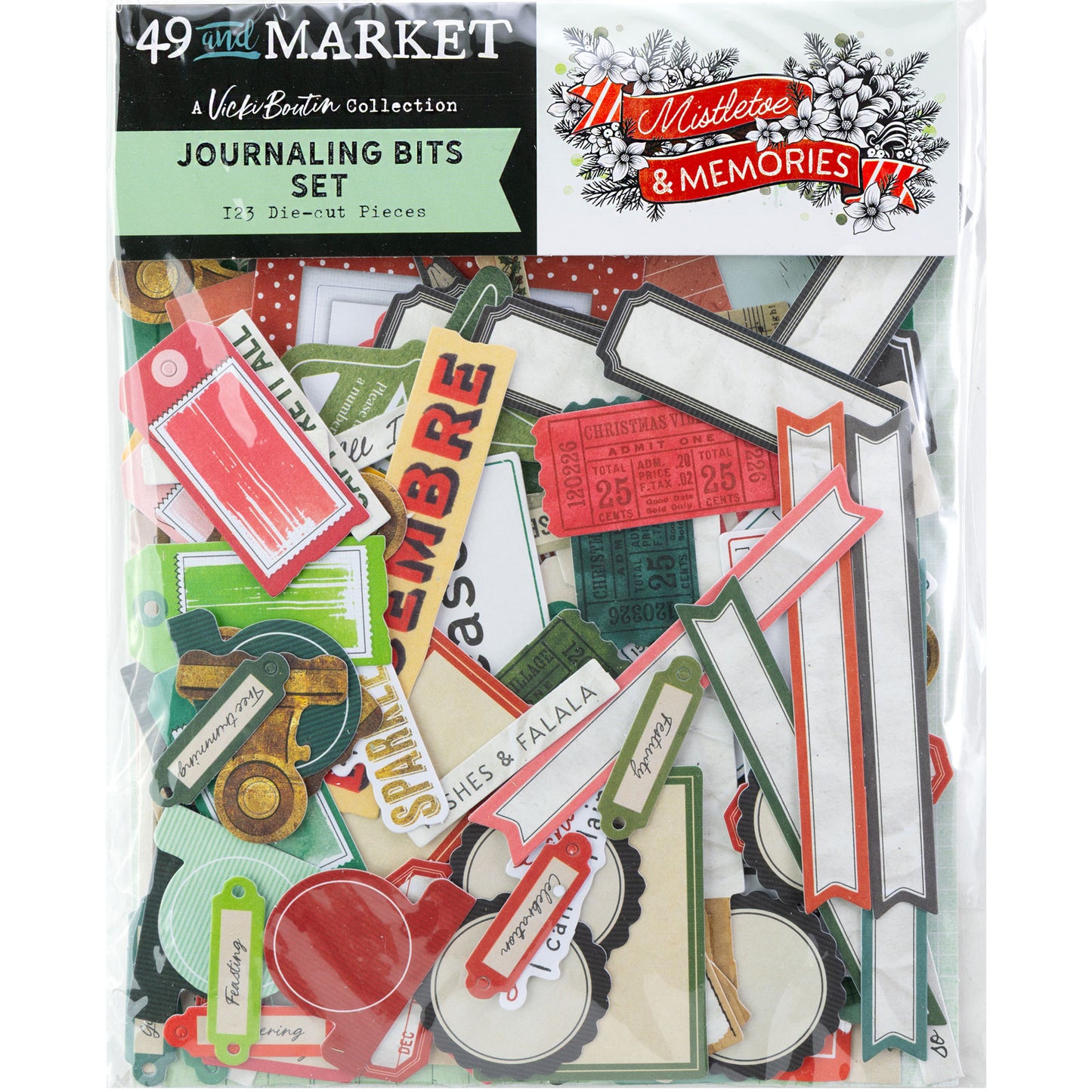 49 and Market - Mistletoe & Memories - Journaling Bits Set - 123 Die-cut Pieces
