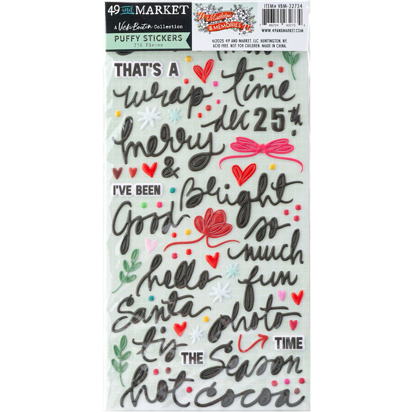 49 and Market - Mistletoe & Memories - Puffy Stickers - 176 Pieces